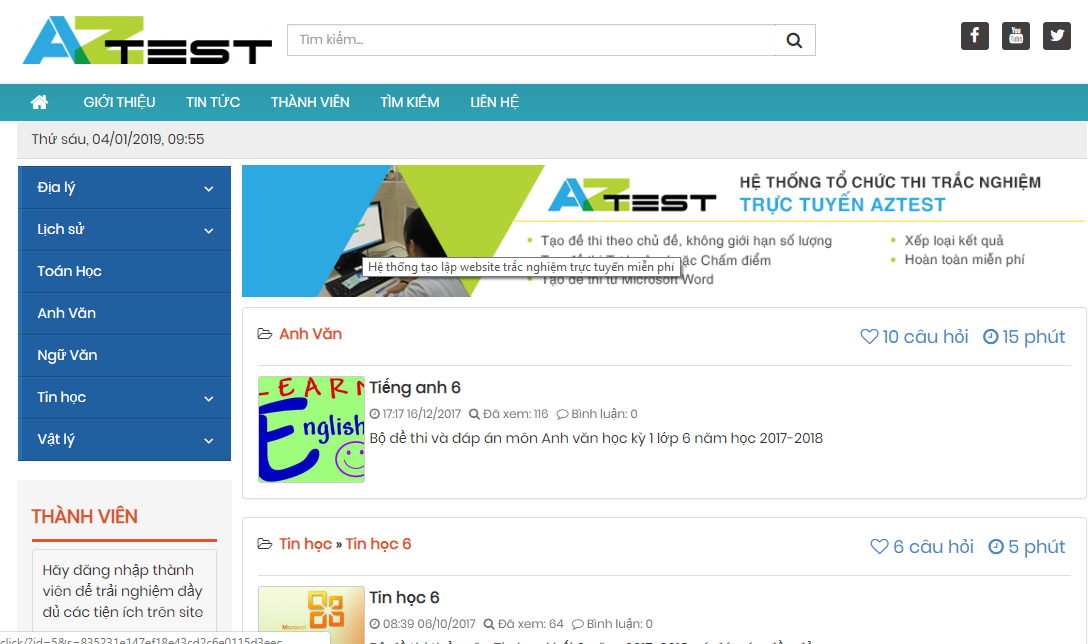 AZTest là hệ thống tạo đề thi trắc nghiệm trực tuyến xây dựng trên nền tảng mã nguồn mở đầu tiên tại Việt Nam